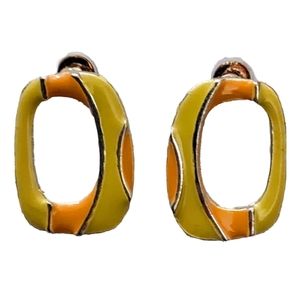 Vintage Silver Tone Metal Orange and Yellow Enamel Striped Rounded Oval Earrings